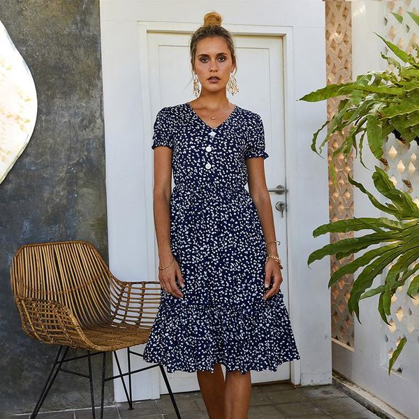 

casual women floral bohemian short sleeve dress summer high waist loose v-neck ladies holiday banquet party dresses, White;black