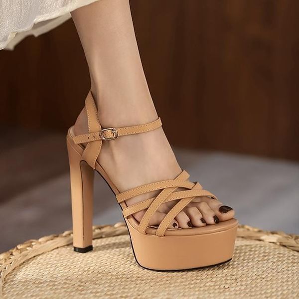 

boots waterproof platform high-heeled sandals women's thick heels 2021 hollow apricot roman shoes 12cm hentian high-quality women, Black