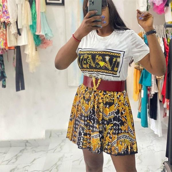 

women's tracksuits 2021 summer fashion two-piece set rich printed short-sleeved personalized folding skirt, Gray