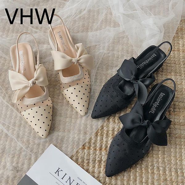 

women sandals 2021 summer ladies elegant pointed toe wave point net yarn breathable mules shoes mid heels buckle strapslippers, Black