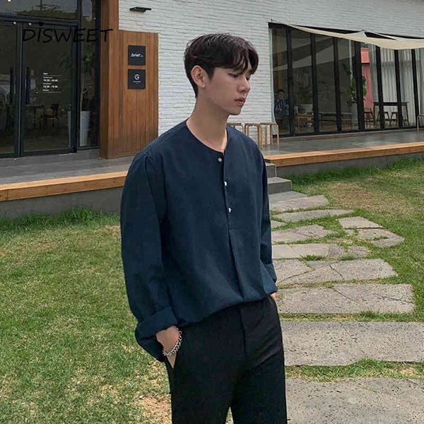 

shirts solid round neck men's korean loose long sleeve single breasted shirt for boys simple slim man, White;black