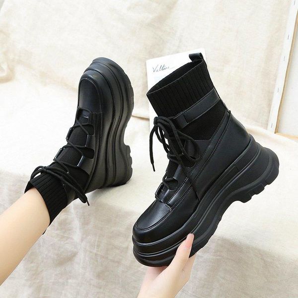 

boots drop 2021 winter women wedges ankle female lace up platform pu leather chunky thick sole sock shoes woman, Black