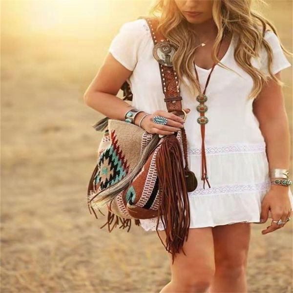 

evening bags style multi-functional large-capacity women geometric pattern tassel canvas female handbag simple versatile shoulder bag