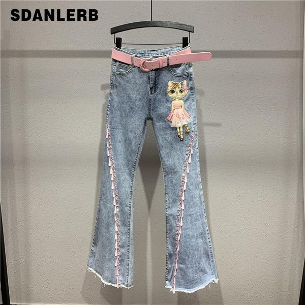 

women's jeans european trend high waist loose-fit flare pants embroidery capri girls students jean mujer, Blue