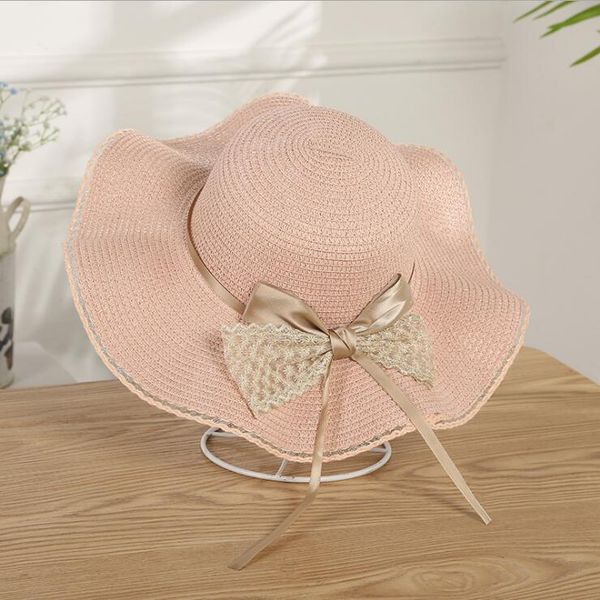 

outdoor wavy side female fashion princess hat dmcm088 mesh ribbon sunshade summer beach sun hat caps wide brim hats, Blue;gray