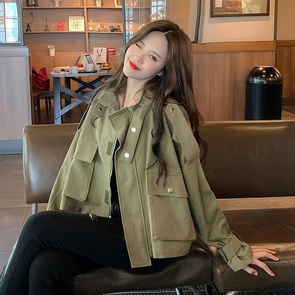 

women's jackets spring autumn handsome short army green jacket female harajuku loose bf streetwear coat women long sleeve, Black;brown