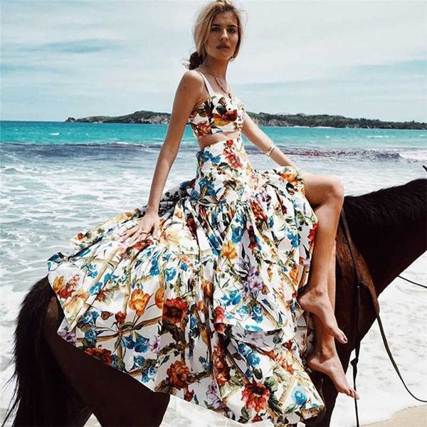 

casual dresses bohemian summer colorful floral print beach women two crop two-piece set party maxi 1cyd, Black;gray