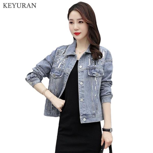 

women's jackets 2021 autumn denim jacket coat 5xl women hole sequins beading loose overcoat jeans basic coats streetwear casual outerwe, Black;brown