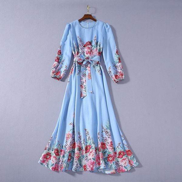 

capris blue 2021 summer style women o-neck charming flower print belt deco sleeve elegant long maxi vestido festa, Black;gray