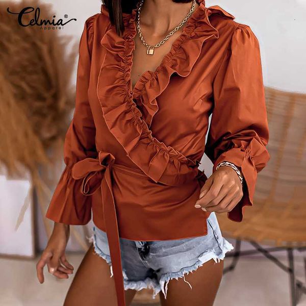 

jacket celmia casual ruffles long sleeve shirts women elegant v neck office blouses plus size solid blusas fashion party belted 7, Black;brown