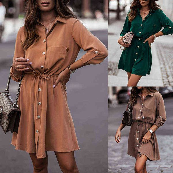 

2021 women's autumn and winter new shirt button lace-up sleeve dress, Black;gray