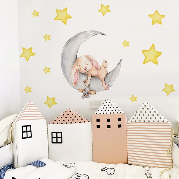 Urso de peluche dos desenhos animados dormindo na lua e estrelas adesivos de parede para crianças sala sala de bebê decoração de parede decoração sala