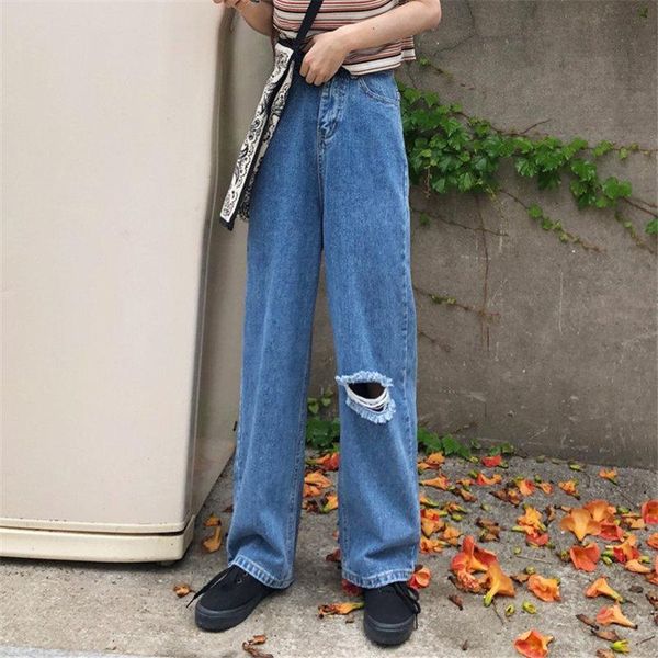 

hzirip female brief chic high waist hole slim straight jeans pants loose denim all match full retro women vintage trousers women's, Blue