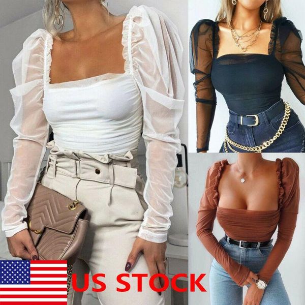 

womens sheer mesh puff sleeve crop ladies long blouse t shirt two-piece suits