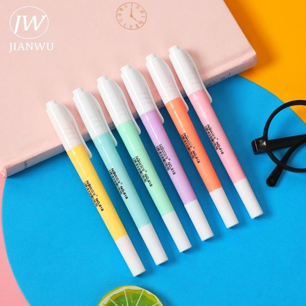 

highlighters jianwu 6 pcs/set double head diy journal decoration kawaii marker hand account fluorescent pen stationery supplies, Black;red
