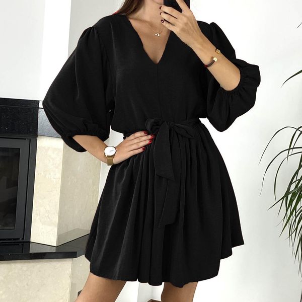

f womens dress a line big swing ladies three quarter solid color party loose mid waist mini summer, Black;gray
