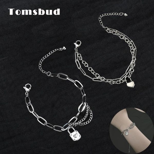 

charm bracelets 316l stainless steel double-layer bracelet heart lock bangle for women jewelry gift no fading, Golden;silver