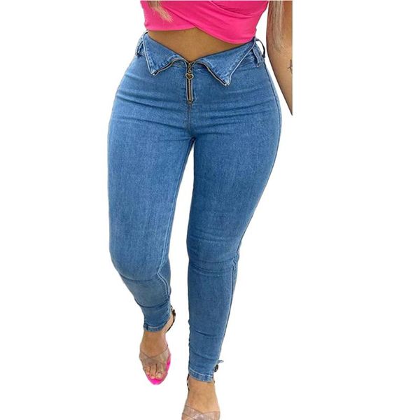 

women's jeans 2021 winter and autumn zipper design high waist skinny women casual denim pants for woman, Blue