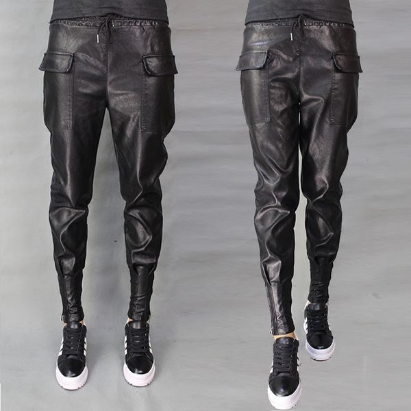 

women's pants & capris harem pu leather autumn winter slim padded skinny streetwear ankle bands vintage plus size fq8a, Black;white