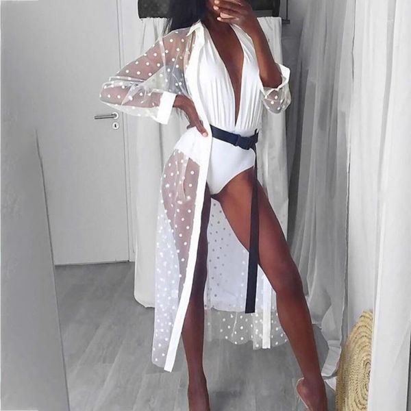 

woman's polka dot beach smock lapel long sleeve mesh perspective cover up for daily life and vacation women's swimwear, White;black