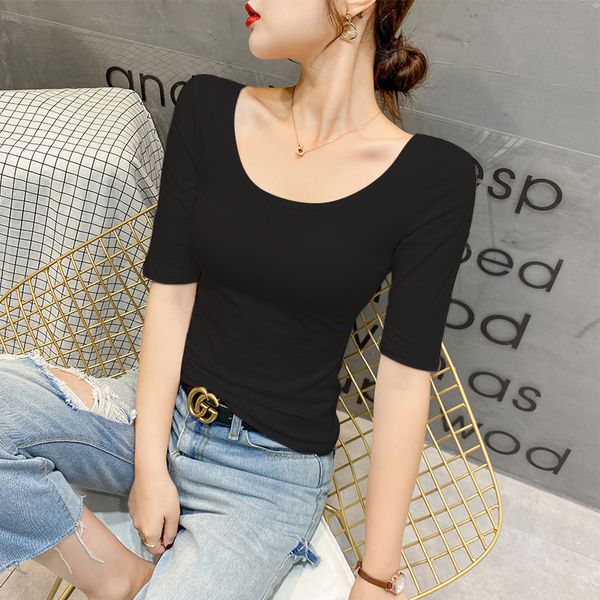 

double u-neck t-shirt short-sleeved summer sleeve sleeve slim round neck slim lady korean version, White