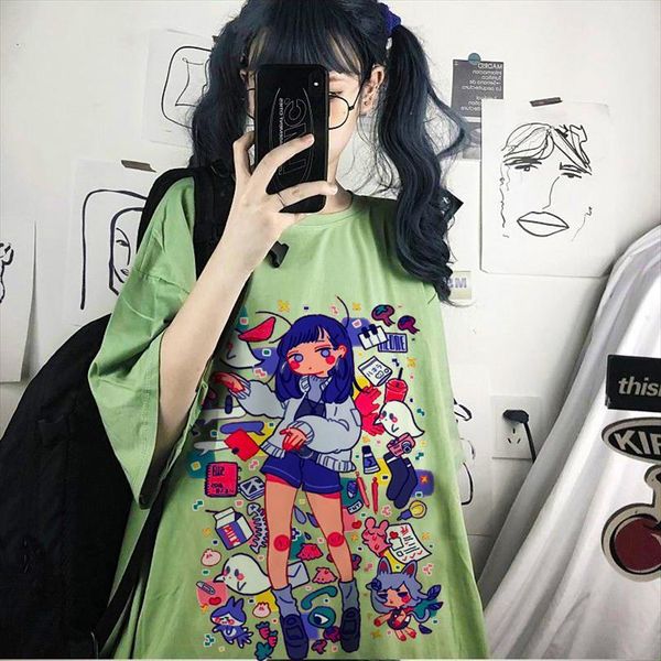 

harajuku korean cartoonst tees mens cotton green short sleeve aesthetic casual t men and women kawaii, White;black