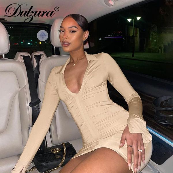 

casual dresses dulzura 2021 autumn winter women solid flare long sleeve v neck ruched mini dress patchwork bodycon party club, Black;gray