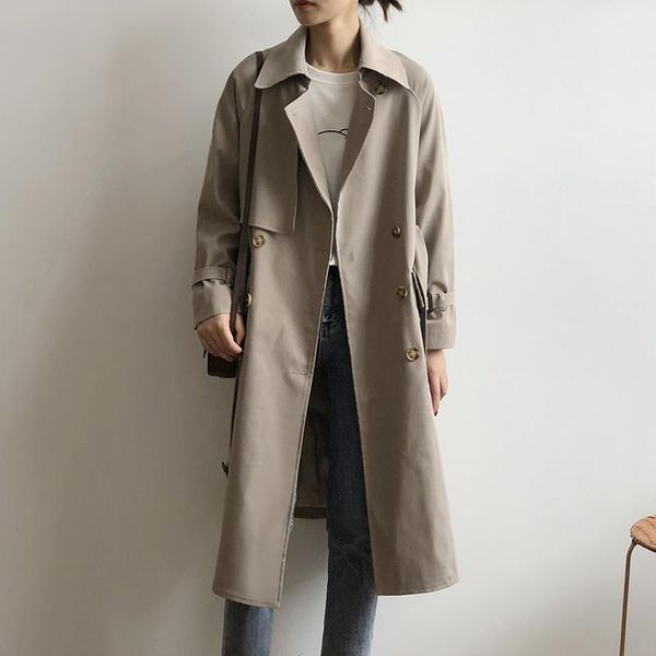 

women's trench coats elegant office solid long coat women batwing sleeve vintage bandage lady double breasted windbreaker, Tan;black