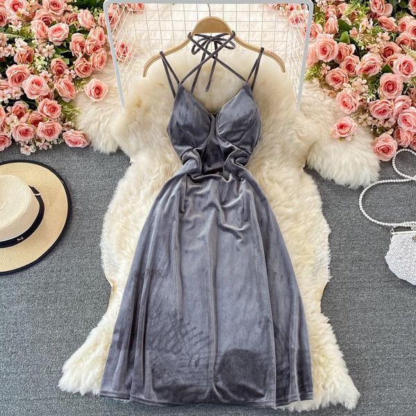 

casual dresses hepburn celebrity backless hanging neck velvet dress high sense banquet, Black;gray
