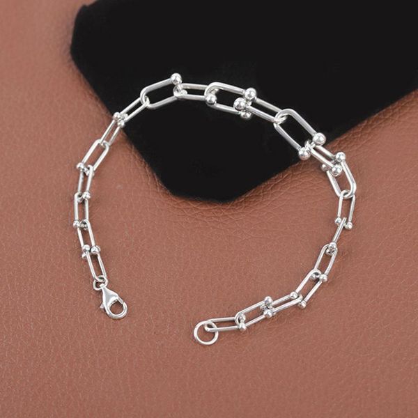 

beaded, strands 100% pure 925 sterling silver lock u chain bracelet for women men vintage handmade hasp party jewelry gift, Black