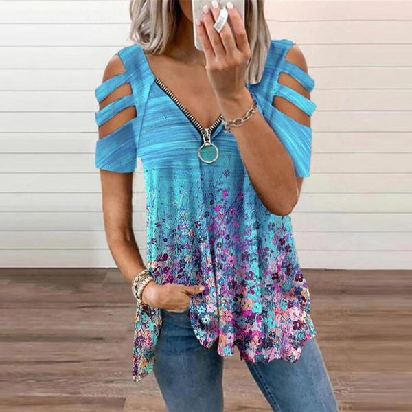 

women's t-shirt mandala print t shirt women 2021 short sleeve zipper v-neck ladies vintage tshirt camisetas mujer manga corta, White