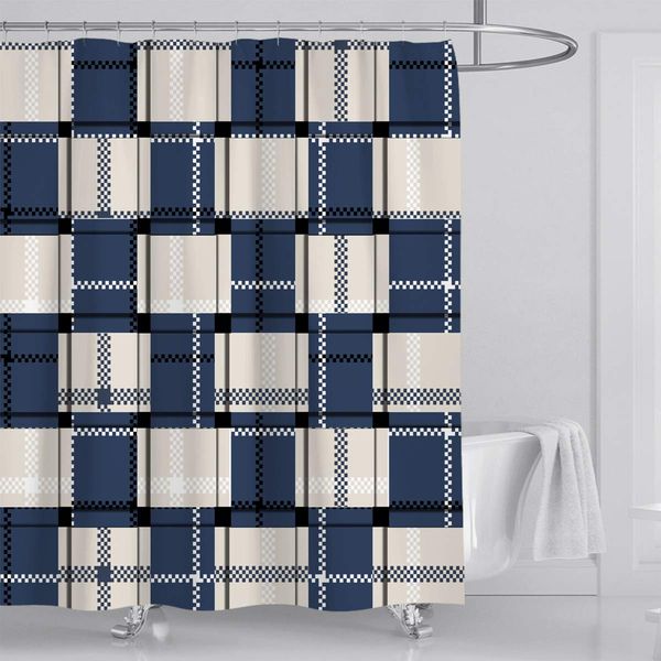 

blue shower curtain, white geometric fabric shower curtain set, 3d printing decor polyester waterproof bath curtain with 12