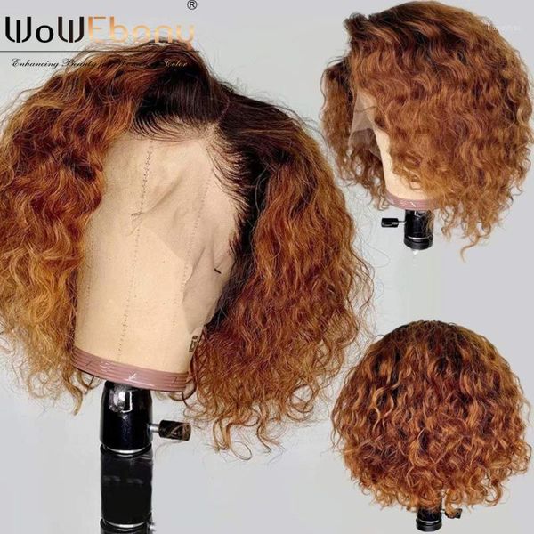 

ombre 1b 30 body wave human hair wigs short wavy bob 13x4x1 lace front wig preplucked middle part highlight t 250%1, Black;brown