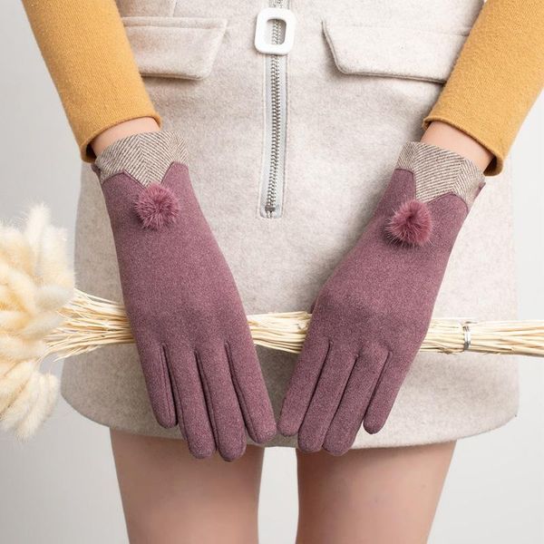 

five fingers gloves winter women stretch touch screen warm driving black glove female hairball bow plush inside full finger sport cycling mi, Blue;gray