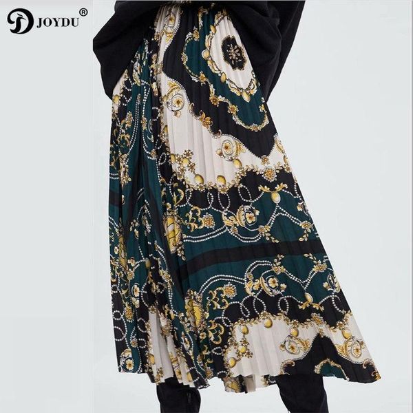 

skirts joydu 2021 spring vintage pleated long womens ethic printed chain totem pattern europe casual skirt jupe saia faldas, Black