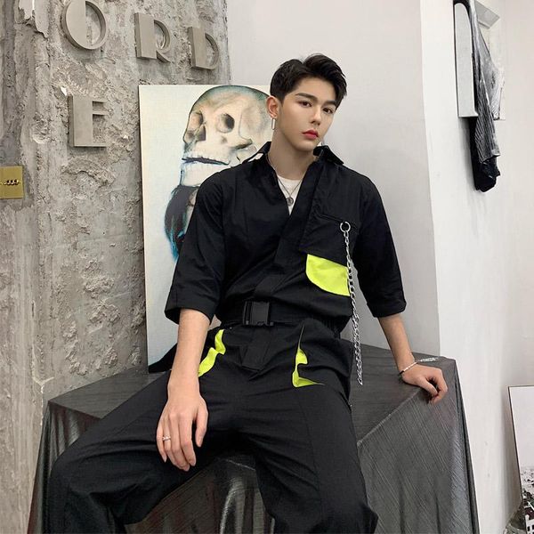 

men's pants summer personality hit color jumpsuit loose short-sleeved tooling 2021 men clothing, Black