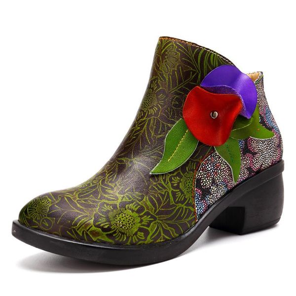 

boots printed flower women winter shoes printing colorblock woman bohemian vintage plush cloth ankle 4cm square heel, Black