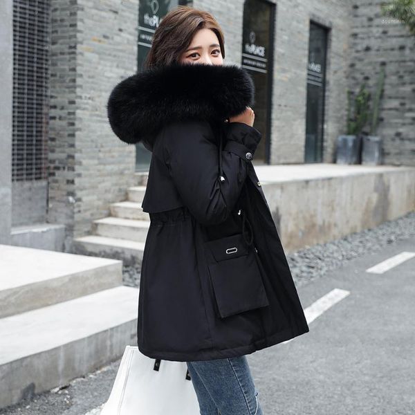 

women's winter jackets solid hooded with fur long sleeve pockets ladies plus size parkas zipper black fleece liner coat female down