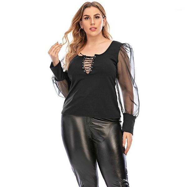 

women's blouses & shirts sale women plus size puff sleeve blouse mesh see through long bandage v neck shirt spring fall chic slim d30, White