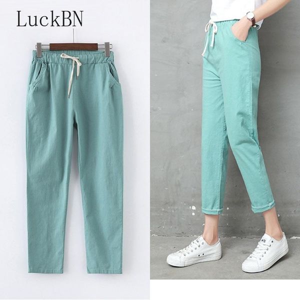 

women's pants & capris autumn cotton linen women candy color casual loose harem for ankle length trousers female elastic waist pant, Black;white