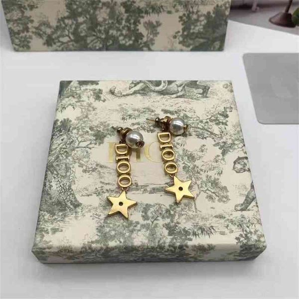 

70% off outlet online family 2021 letter five pointed star pearl earrings silver needle earrings female, Golden