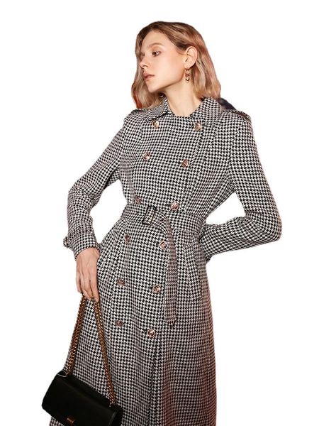 

women's trench coats women black plaid long vintage coat lapel sleeve loose fit windbreaker fashion tide spring autumn 2021, Tan;black