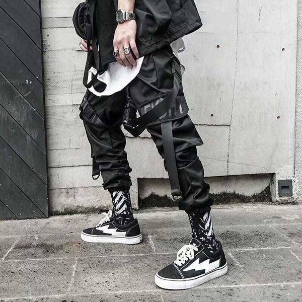 

men's pants shzq cargo for men joggers hip hop techwear streetwear casual gothic trousers male summer black sweatpants ribbons