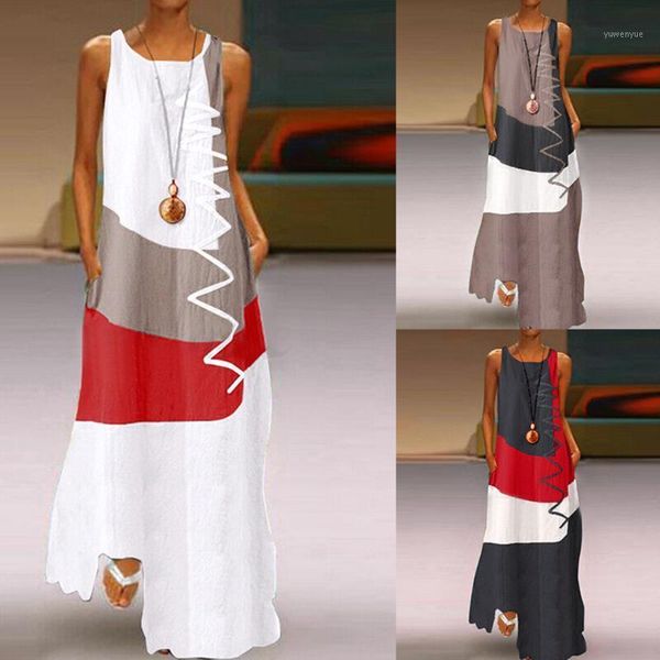 

casual dresses 2021 women plus size linen dress sleeveless vintage patchwork bohemian o neck maxi off shoulder party dress#35, Black;gray