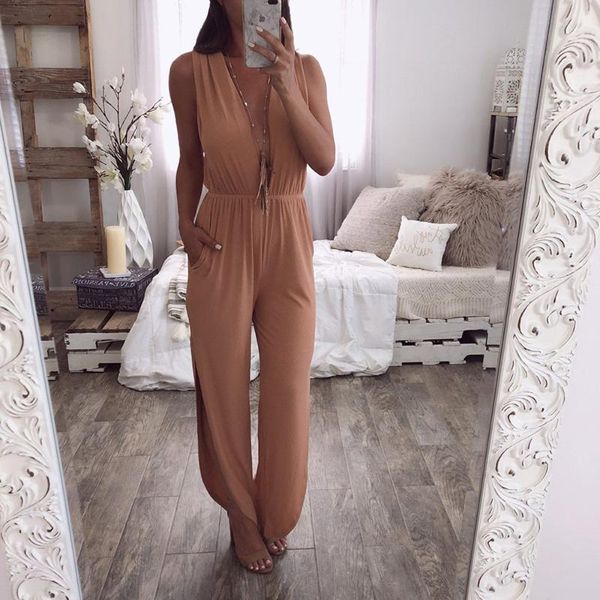 

women's jumpsuits & rompers summer jumpsuit for women trendy solid sleeveless deep v neck tank womens party high split trousers, Black;white