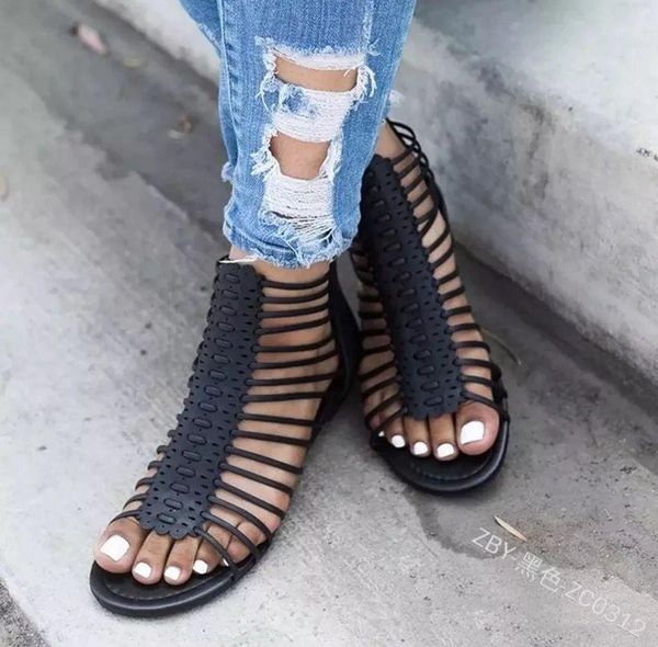 

cross-tied peep toe flat with rome gladiator women sandals low cover heel solid boho shoes zip elegant casual, Black