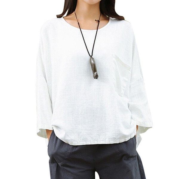 

women's t-shirt womens vintage flax 3/4 sleeve o neck summer autumn baggy cotton linen loose tunic t shirt solid color t-shirts, White
