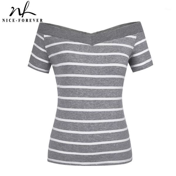 

women's t-shirt nice-forever casual stripes slash neck t-shirts summer women tees btyt0421, White