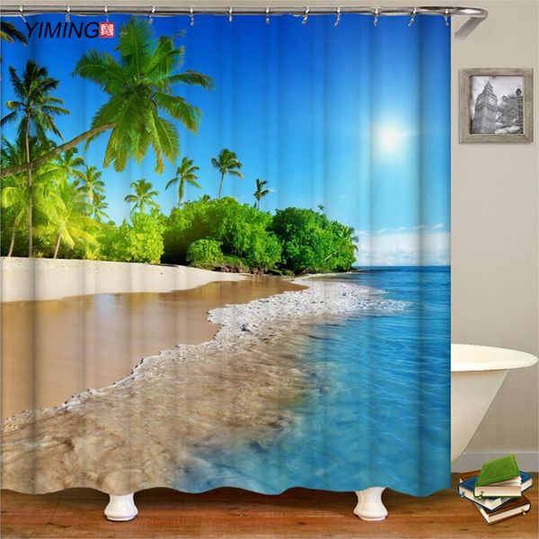 

sunny seaside beach bathroom shower curtain polyester waterproof decorative with hook curtains