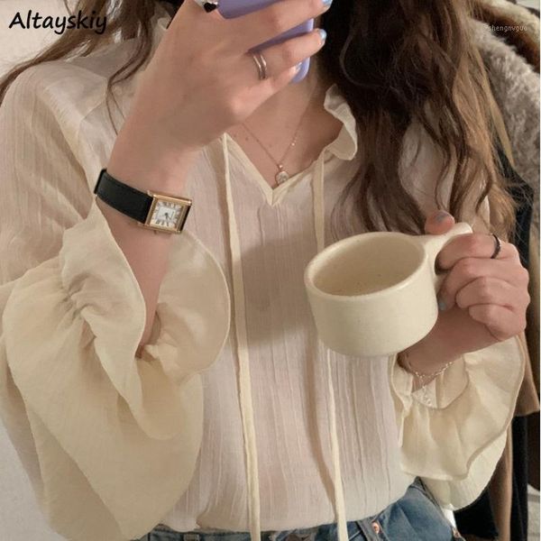

women's blouses & shirts women elegant solid apricot v-neck breathable gentle chiffon belt long sleeve basic loose female ulzzang ins, White